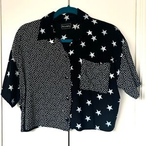 Vintage 90's Unisex Star Button down crop rayon black & white shirt